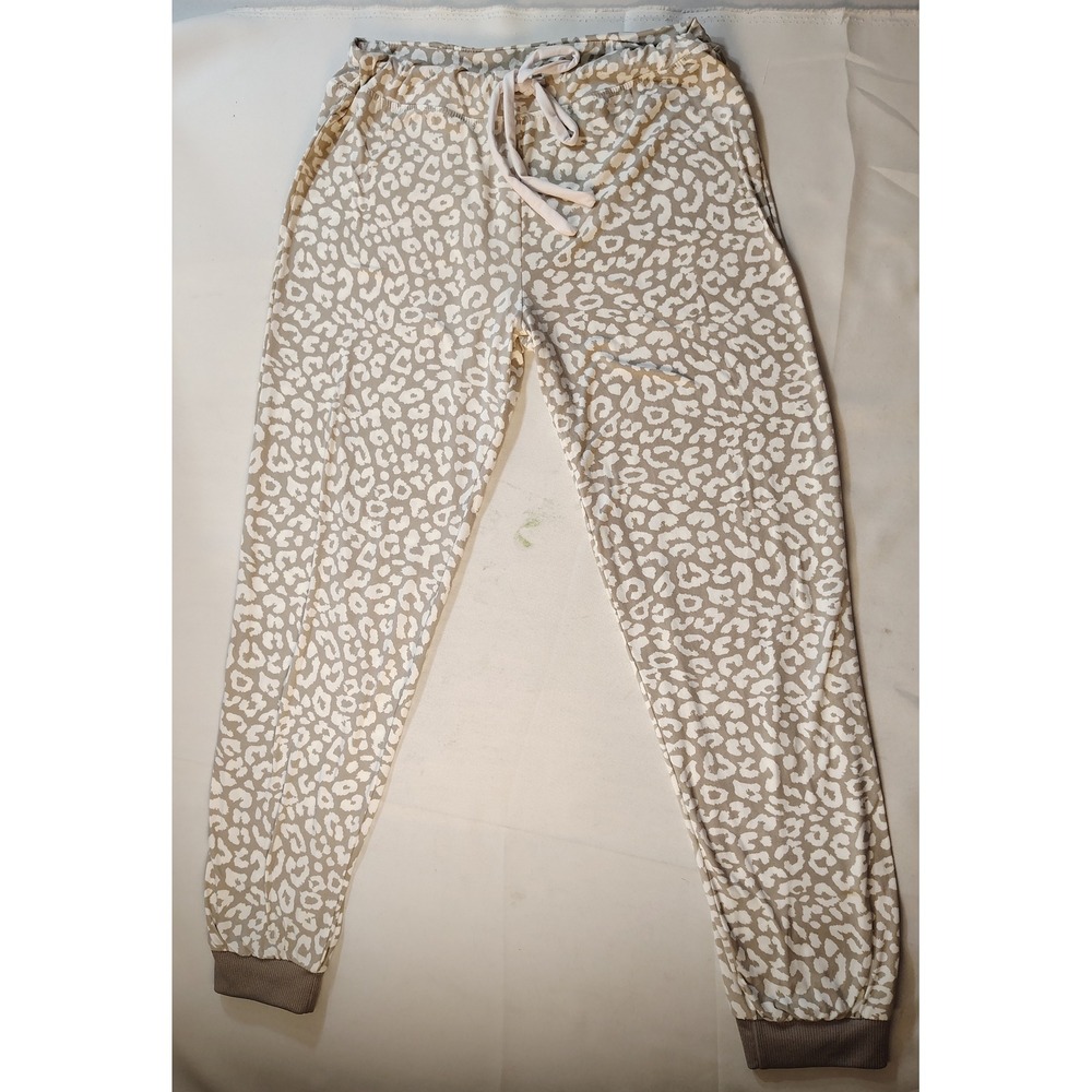 Amanda Blu Womens Small Leopard Print Jogger Pants Tan Cream Cozy Loungewear